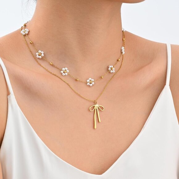 Women’s Gold Pearl Necklace Set Dainty Layered Bow Flower Jewelry Gift - Picture 4 of 7